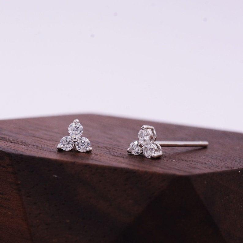 14k gold round dainty lab grown diamond earrings, side profile view showing fine craftsmanship