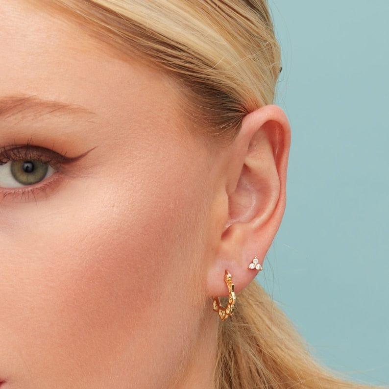 14k gold round dainty lab grown diamond earrings, sparkle detail shot showing fine craftsmanship