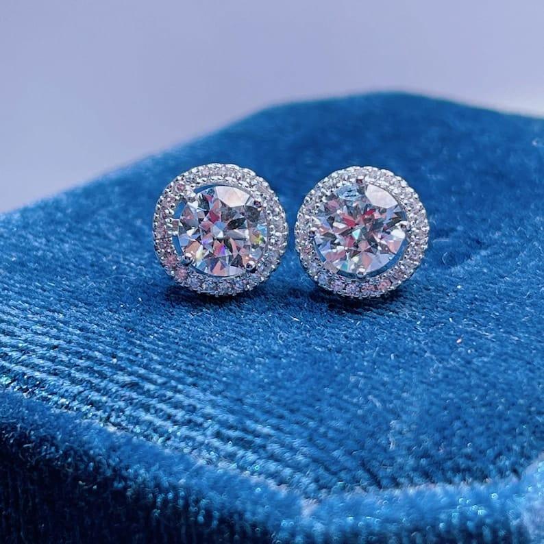 14k gold round halo lab grown diamond stud earrings, front view showing fine craftsmanship