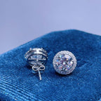 14k gold round halo lab grown diamond stud earrings, styled on model showing fine craftsmanship