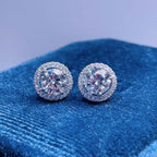 14k gold round halo lab grown diamond stud earrings, top angle view showing fine craftsmanship