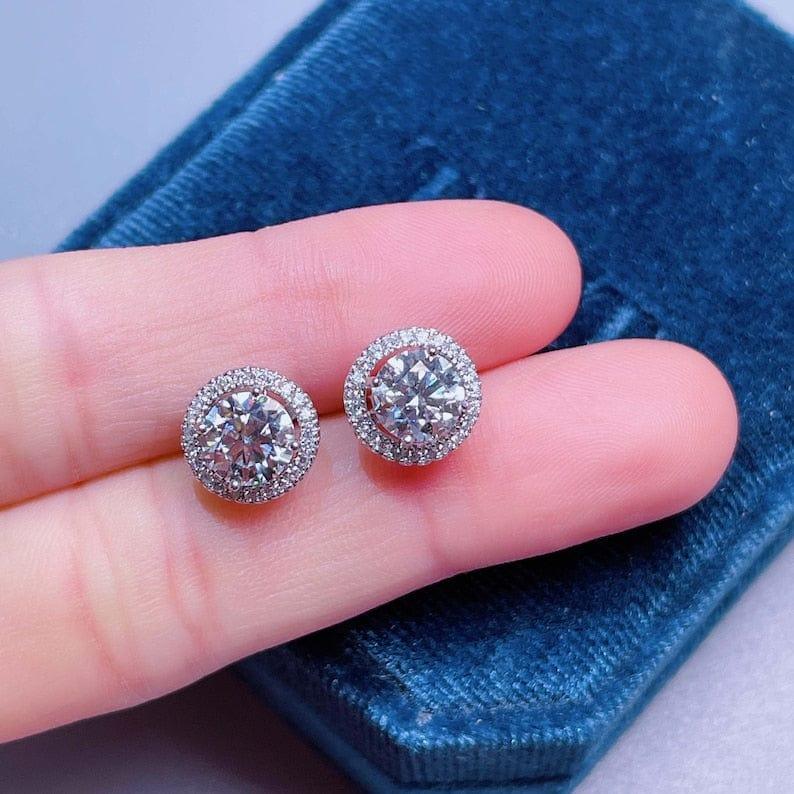 14k gold round halo lab grown diamond stud earrings, sparkle detail shot showing fine craftsmanship