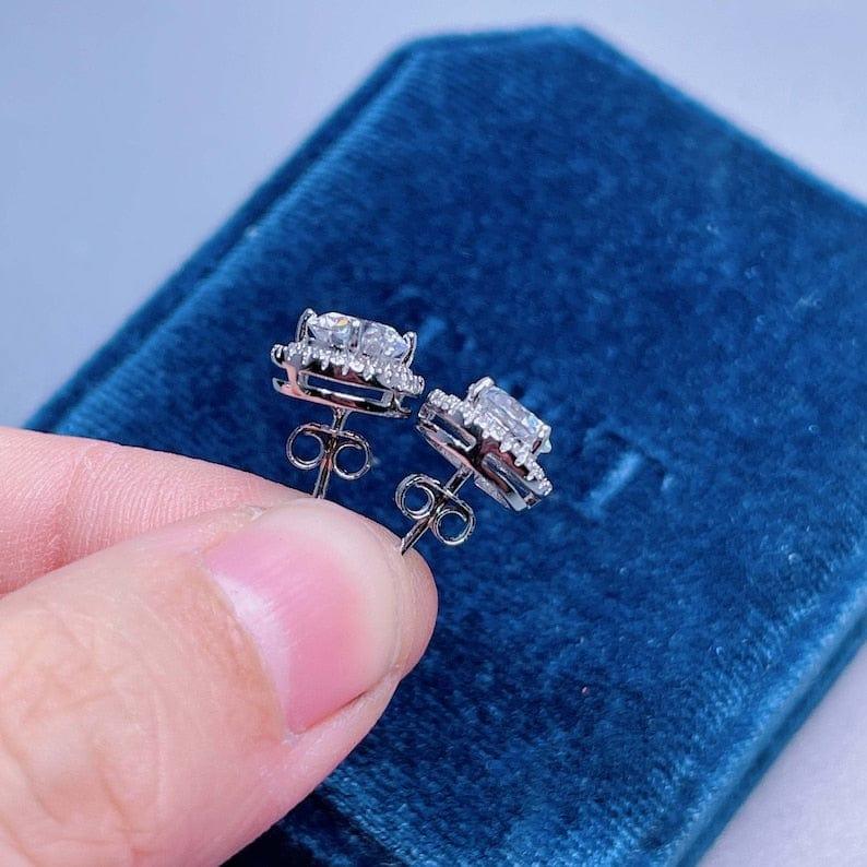 14k gold round halo lab grown diamond stud earrings, side profile view showing fine craftsmanship