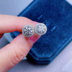 14k gold round halo lab grown diamond stud earrings, three-quarter view showing fine craftsmanship