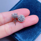 14k gold round halo lab grown diamond stud earrings, lifestyle shot showing fine craftsmanship