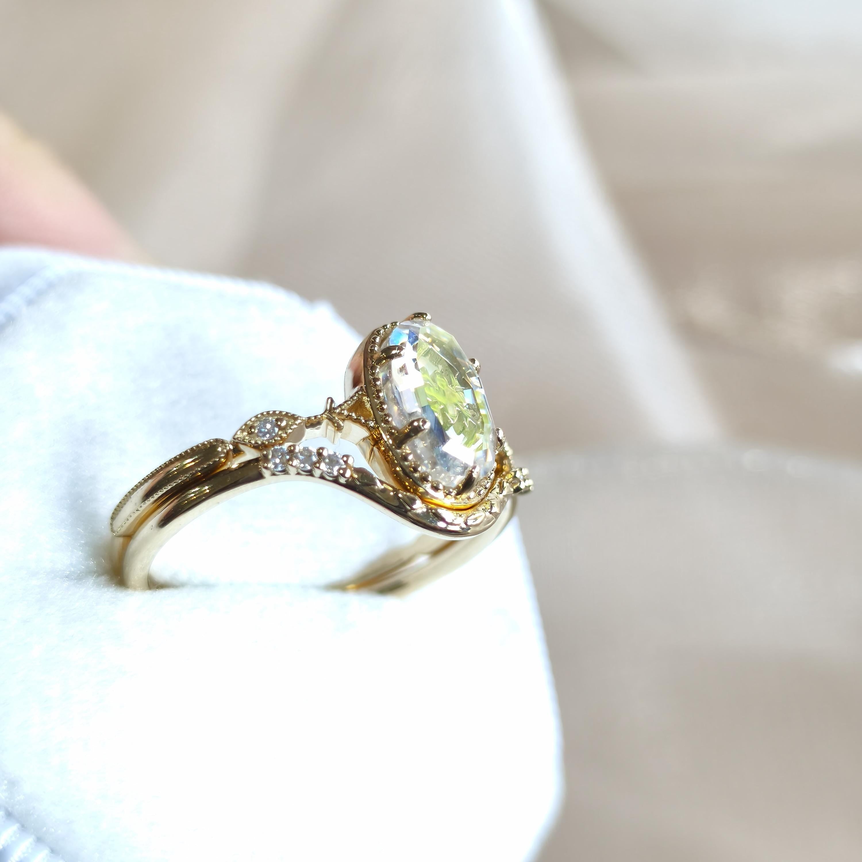 14k gold oval vintage lab grown diamond engagement ring, side profile view showing fine craftsmanship