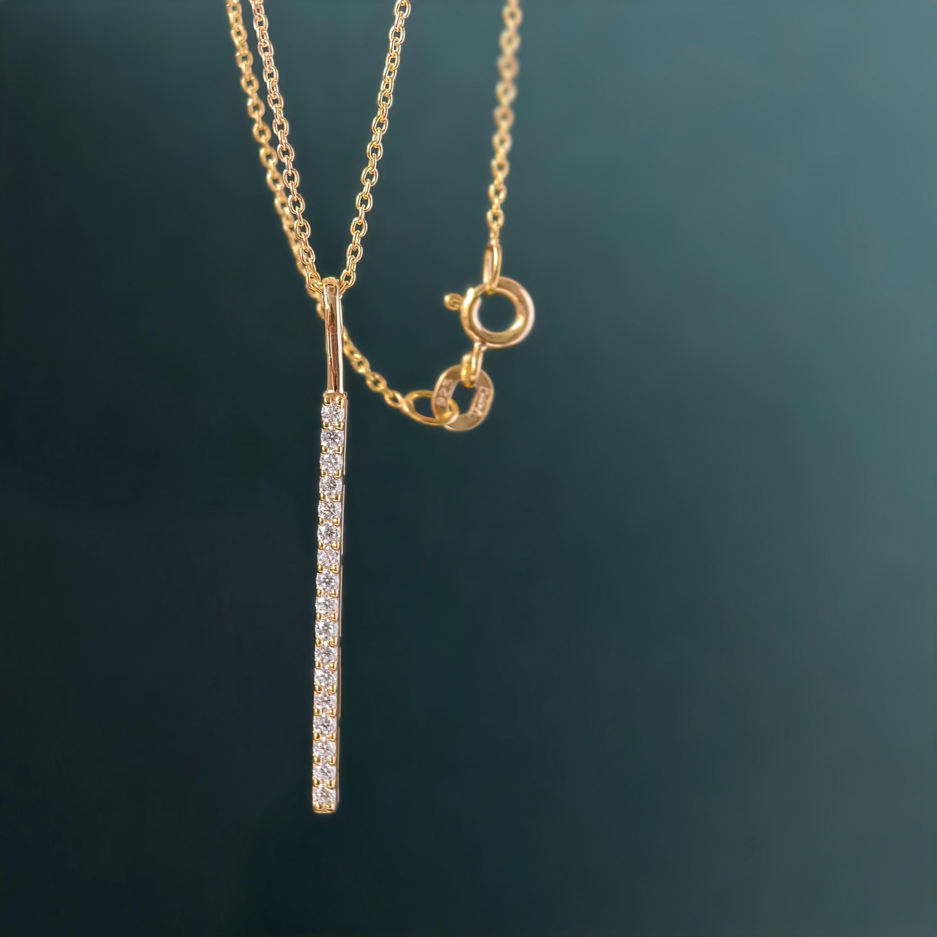 14k gold bar lab grown diamond pendant necklace, detailed close-up showing fine craftsmanship