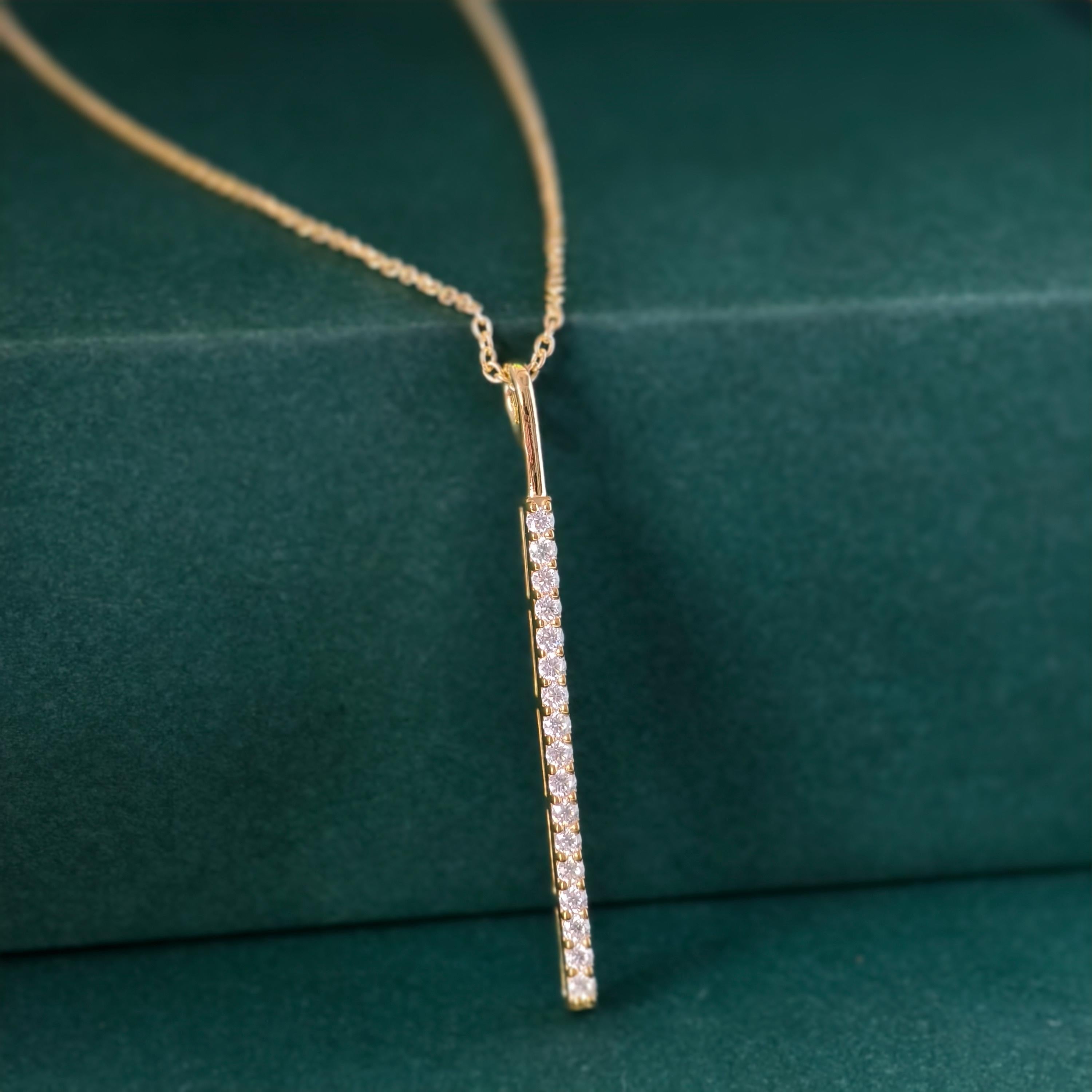 14k gold bar lab grown diamond pendant necklace, side profile view showing fine craftsmanship