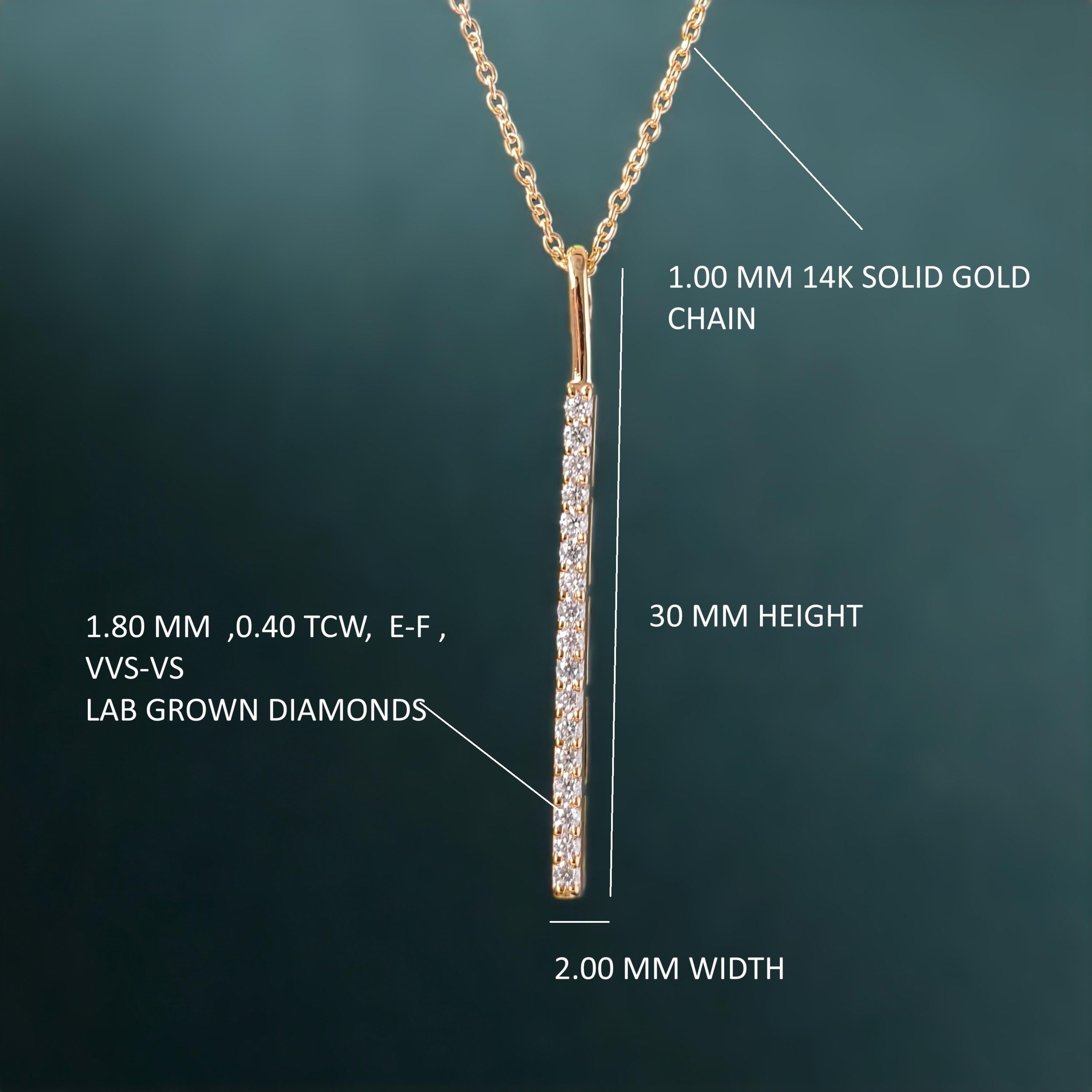 14k gold bar lab grown diamond pendant necklace, front view showing fine craftsmanship