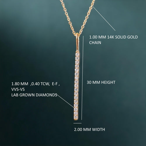 14k gold bar lab grown diamond pendant necklace, front view showing fine craftsmanship