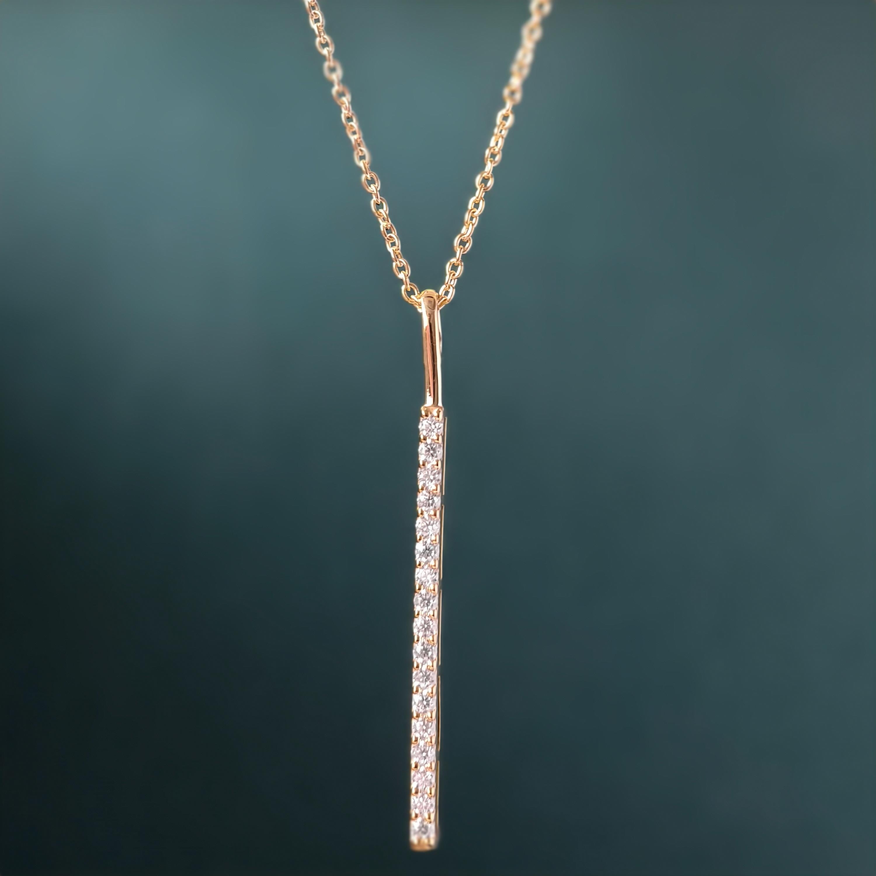 14k gold bar lab grown diamond pendant necklace, styled on model showing fine craftsmanship