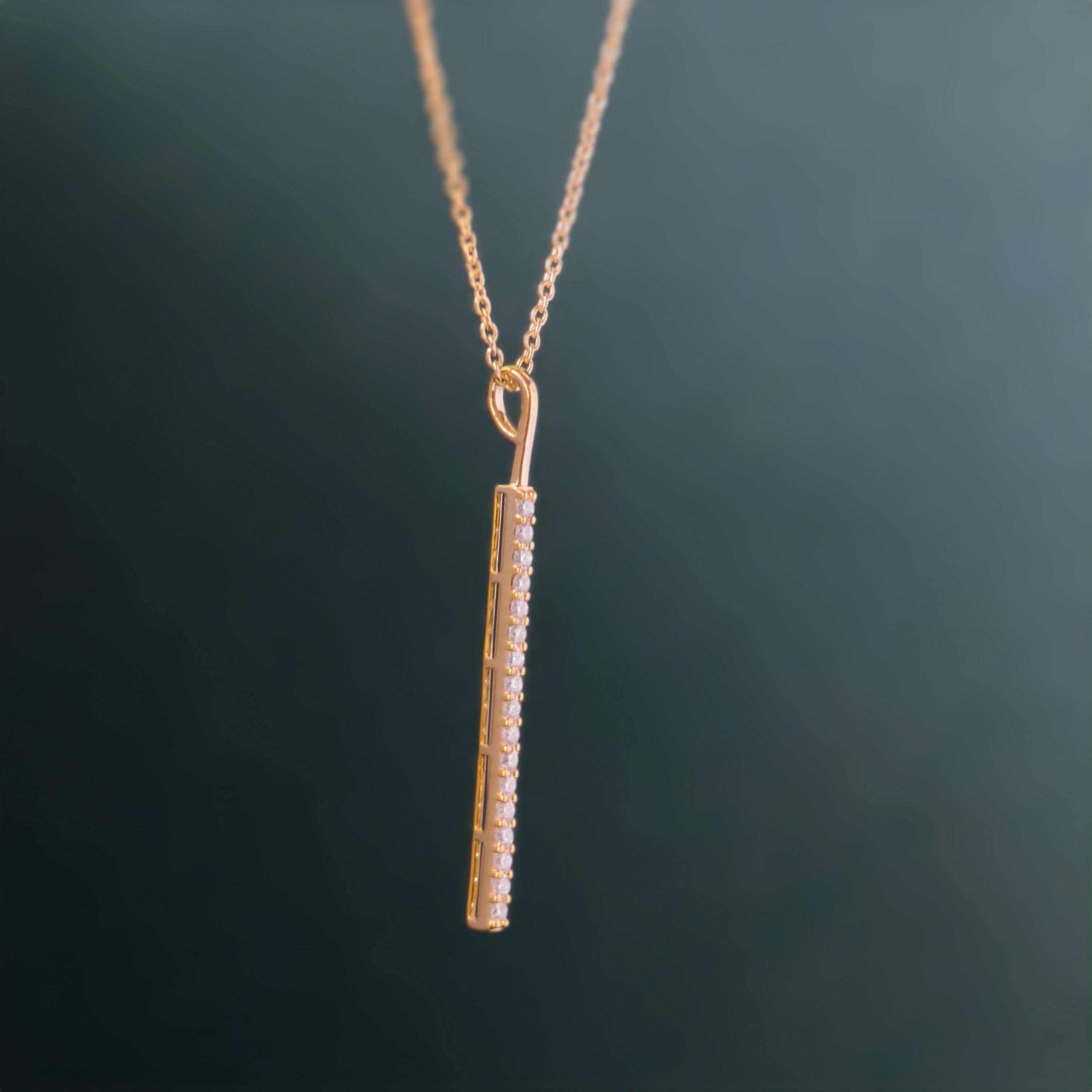14k gold bar lab grown diamond pendant necklace, top angle view showing fine craftsmanship