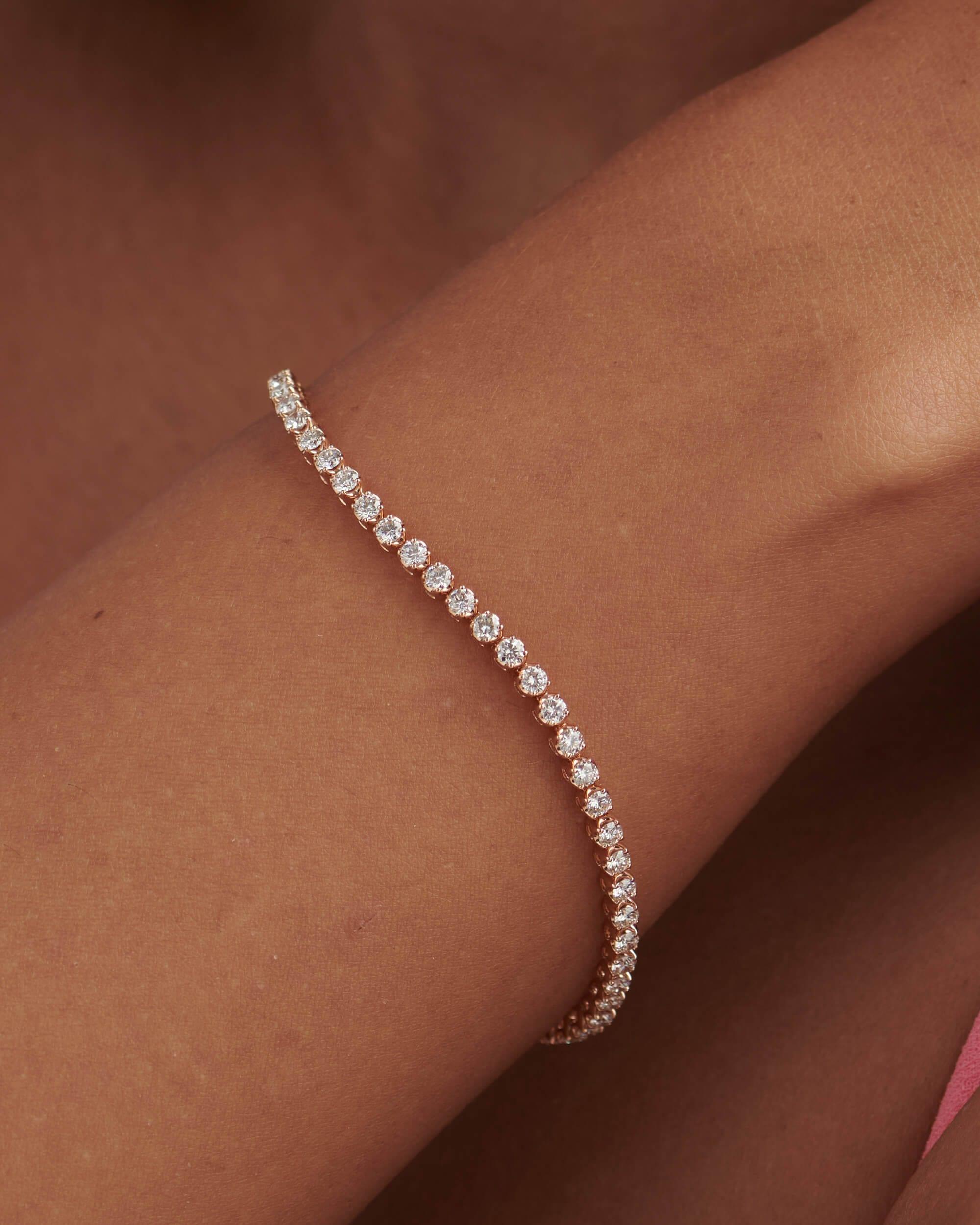 14k gold lab grown diamond tennis bracelet, side profile view showing fine craftsmanship with brilliant sparkle