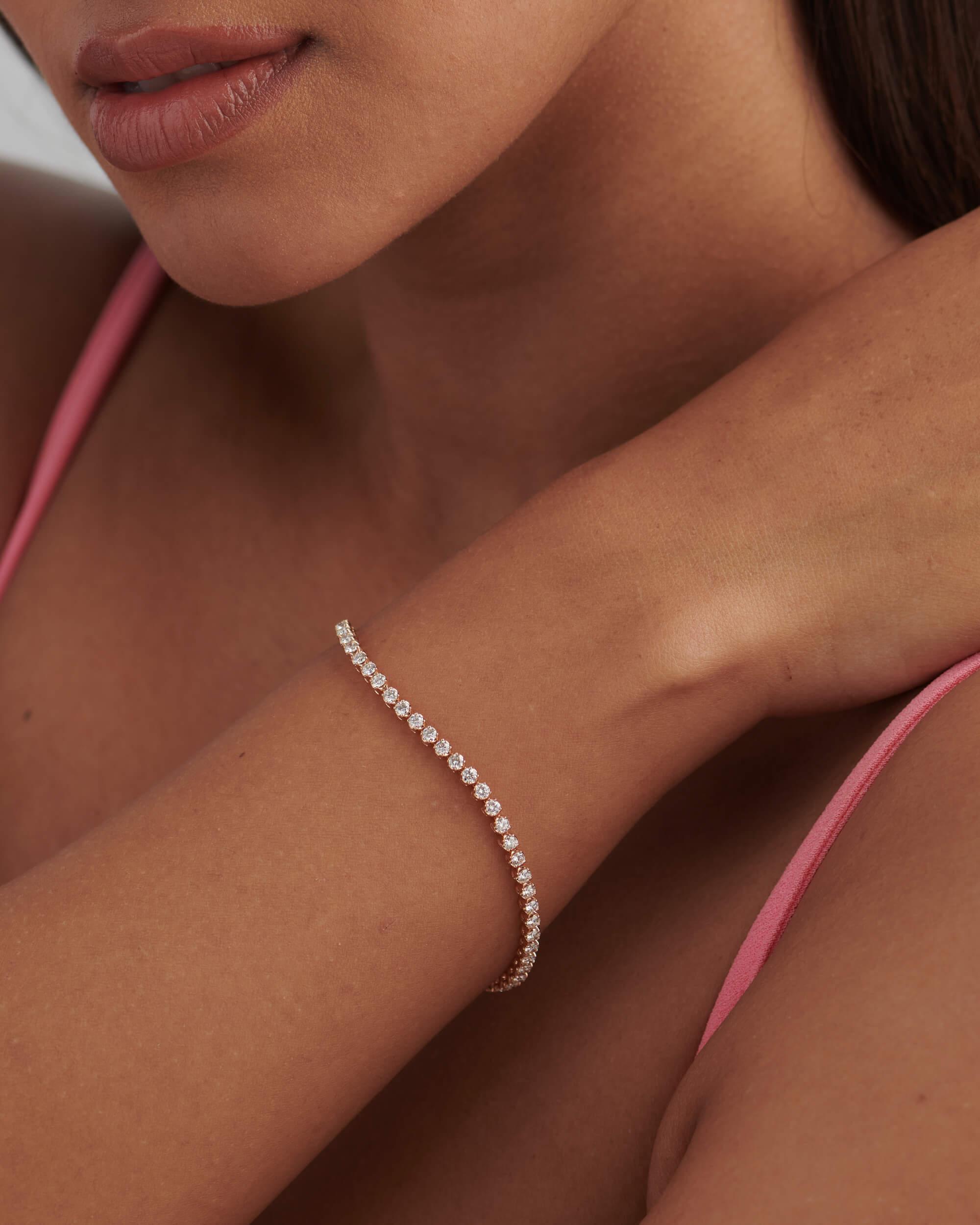 14k gold lab grown diamond tennis bracelet, top angle view showing fine craftsmanship with brilliant sparkle