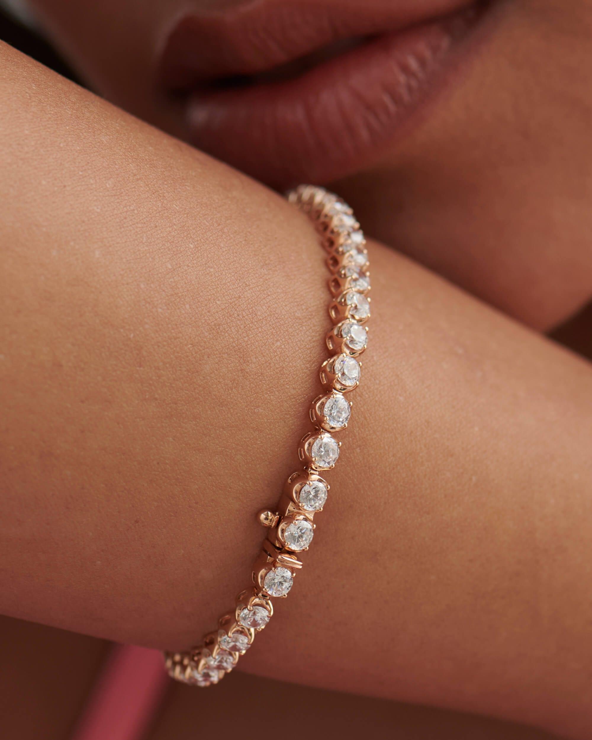 14k gold lab grown diamond tennis bracelet, side profile view showing fine craftsmanship with a secure setting