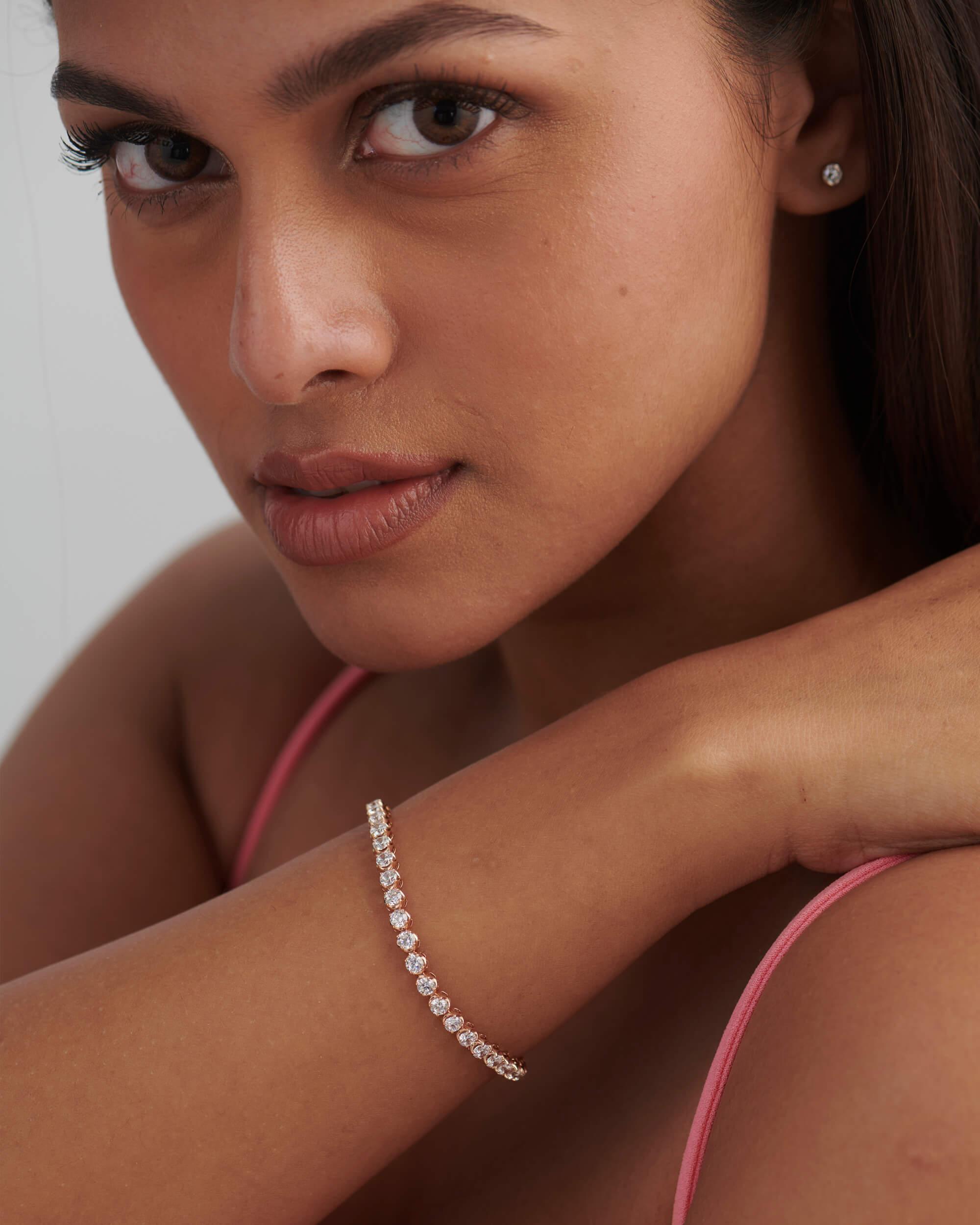 14k gold lab grown diamond tennis bracelet, top angle view showing fine craftsmanship with a secure setting