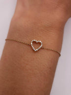 14k gold heart dainty lab grown diamond bracelet, front view showing fine craftsmanship