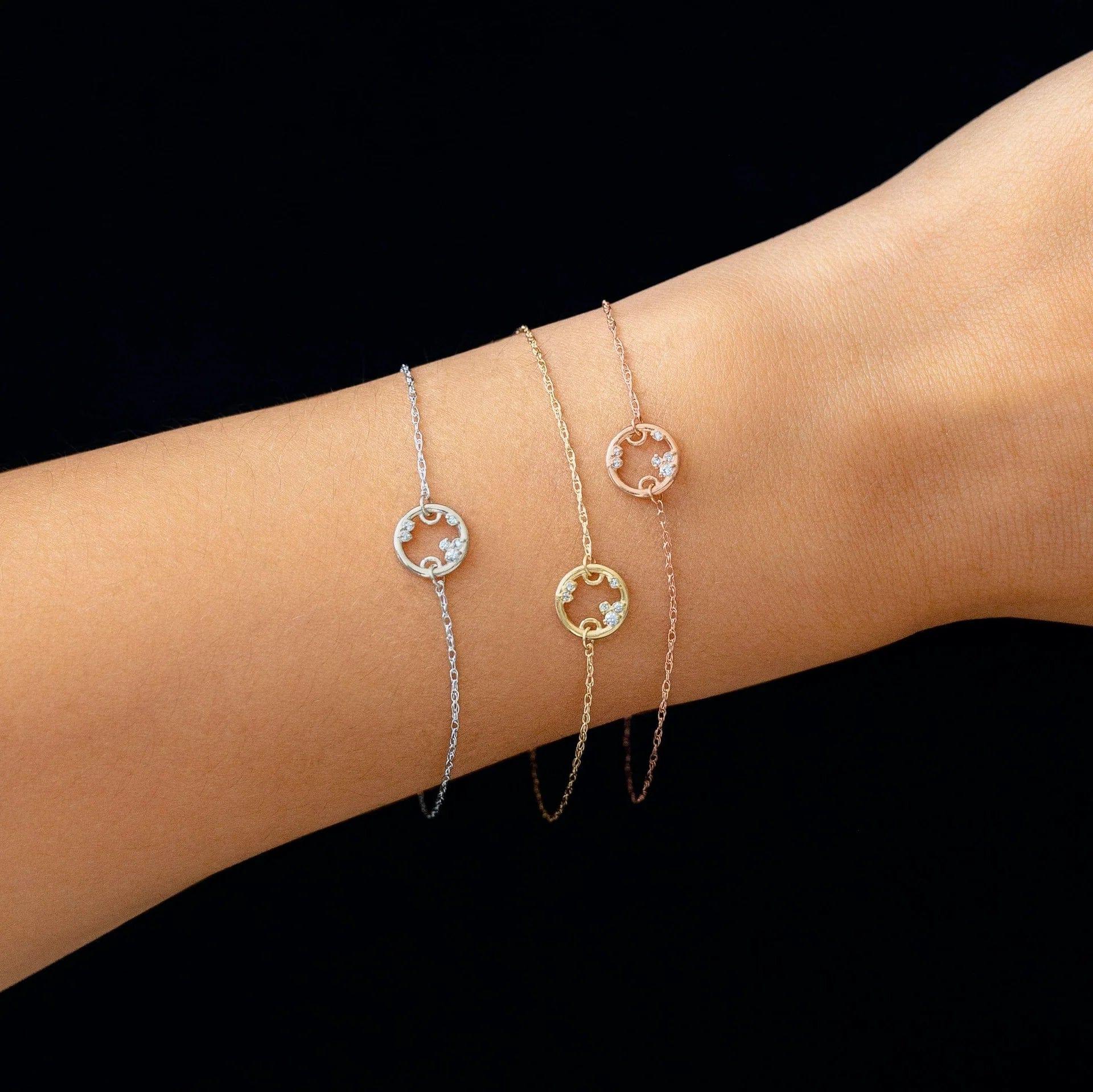 14k gold satellite lab grown diamond bracelet, front view showing fine craftsmanship