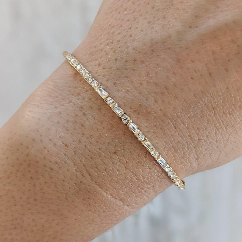 14k gold tennis lab grown diamond bangle bracelet, front view showing fine craftsmanship with brilliant sparkle