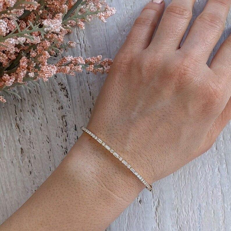 14k gold tennis lab grown diamond bangle bracelet, side profile view showing fine craftsmanship with brilliant sparkle
