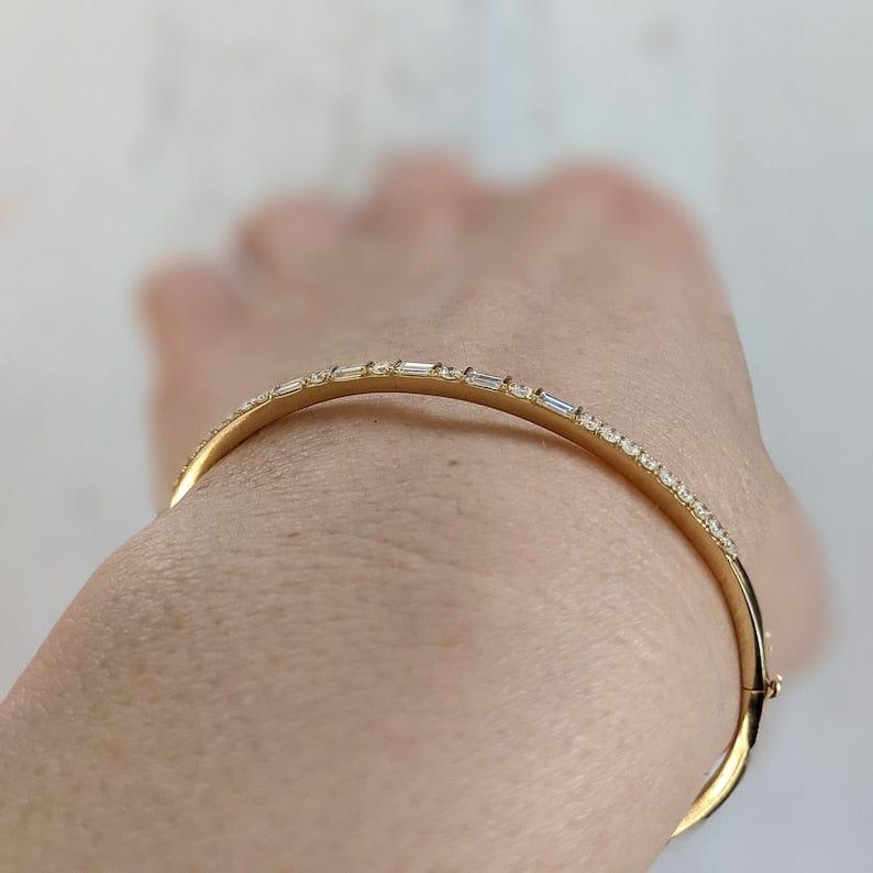 14k gold tennis lab grown diamond bangle bracelet, top angle view showing fine craftsmanship with brilliant sparkle