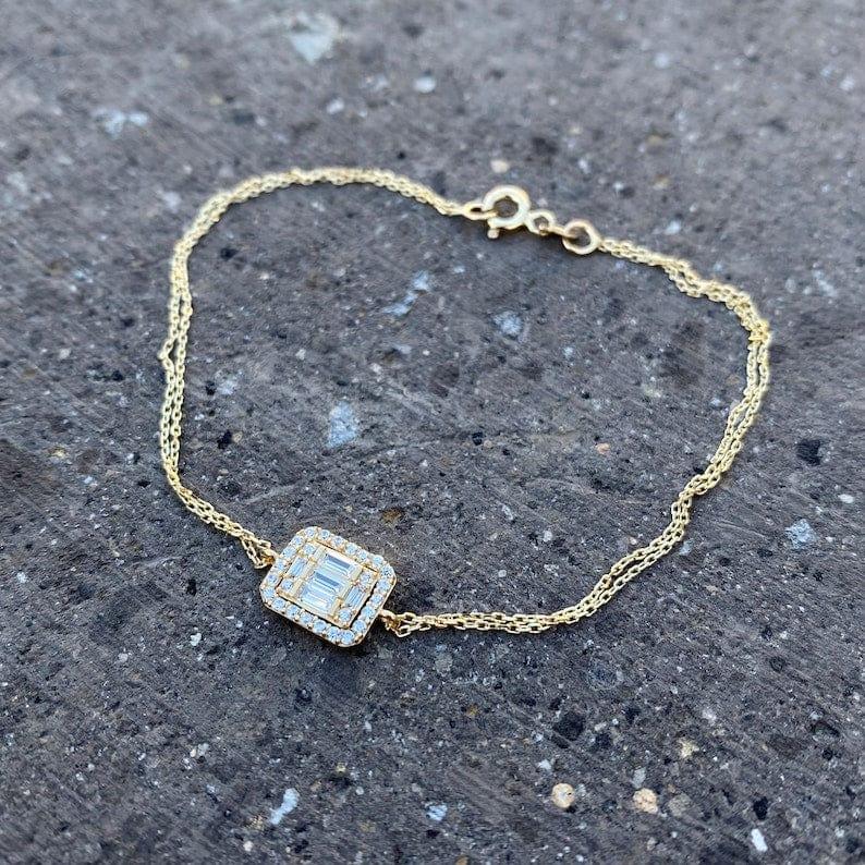 14k gold lab grown diamond bracelet, styled on model showing fine craftsmanship with brilliant sparkle