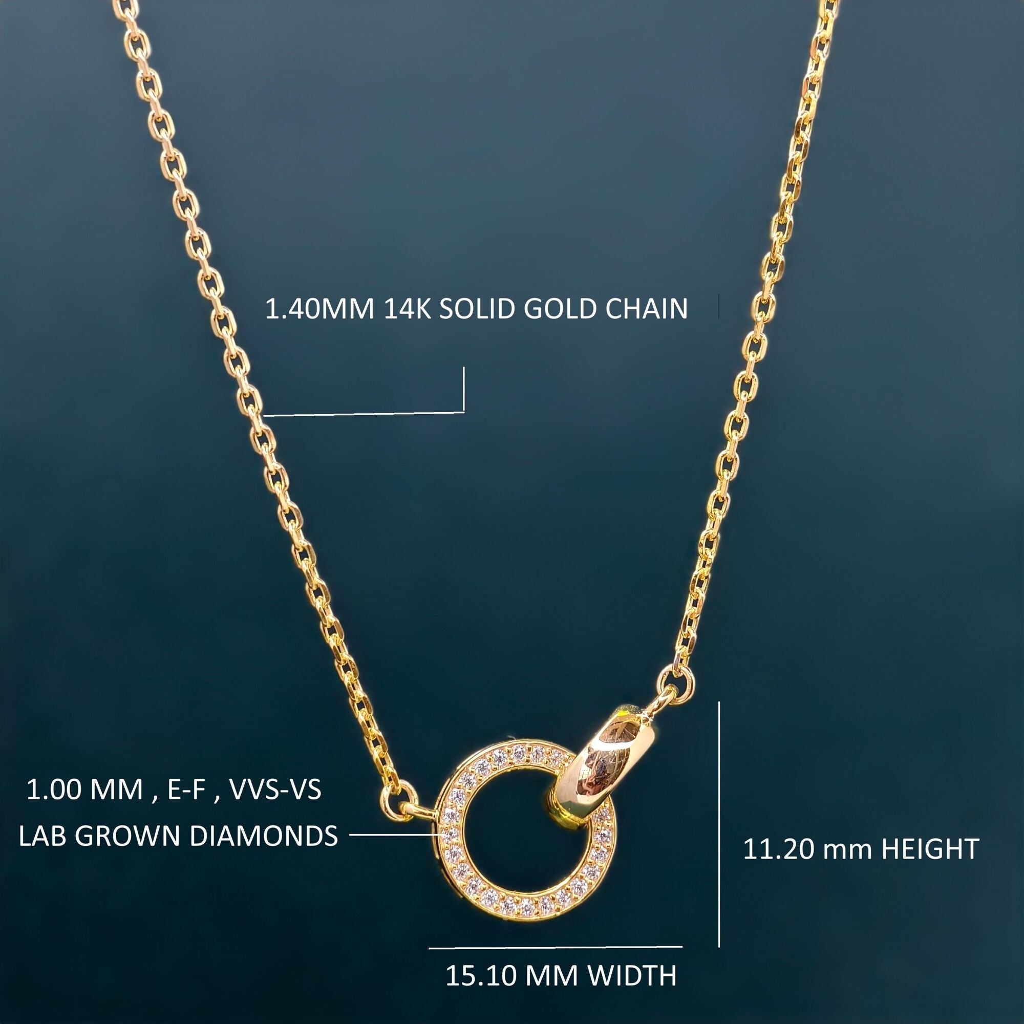 14k gold dainty lab grown diamond pendant necklace, front view showing fine craftsmanship