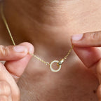 14k gold dainty lab grown diamond pendant necklace, side profile view showing fine craftsmanship