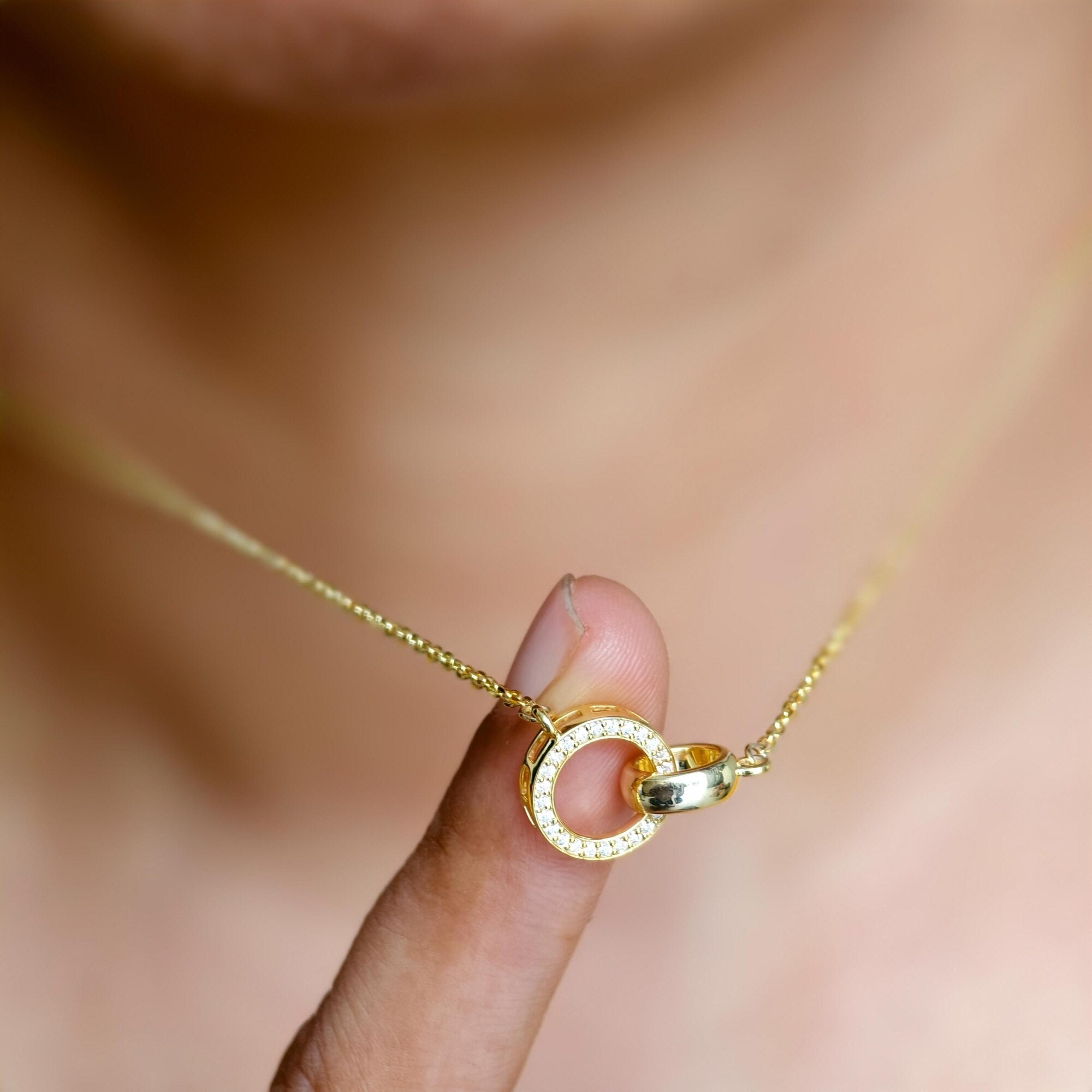 14k gold dainty lab grown diamond pendant necklace, styled on model showing fine craftsmanship