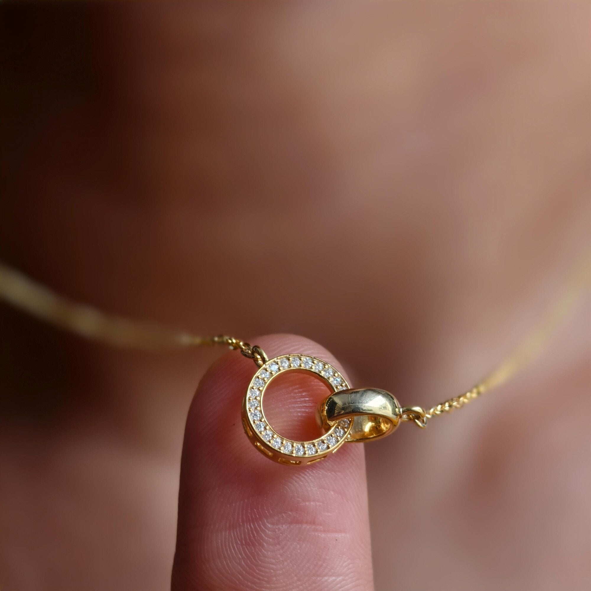 14k gold dainty lab grown diamond pendant necklace, macro detail view showing fine craftsmanship