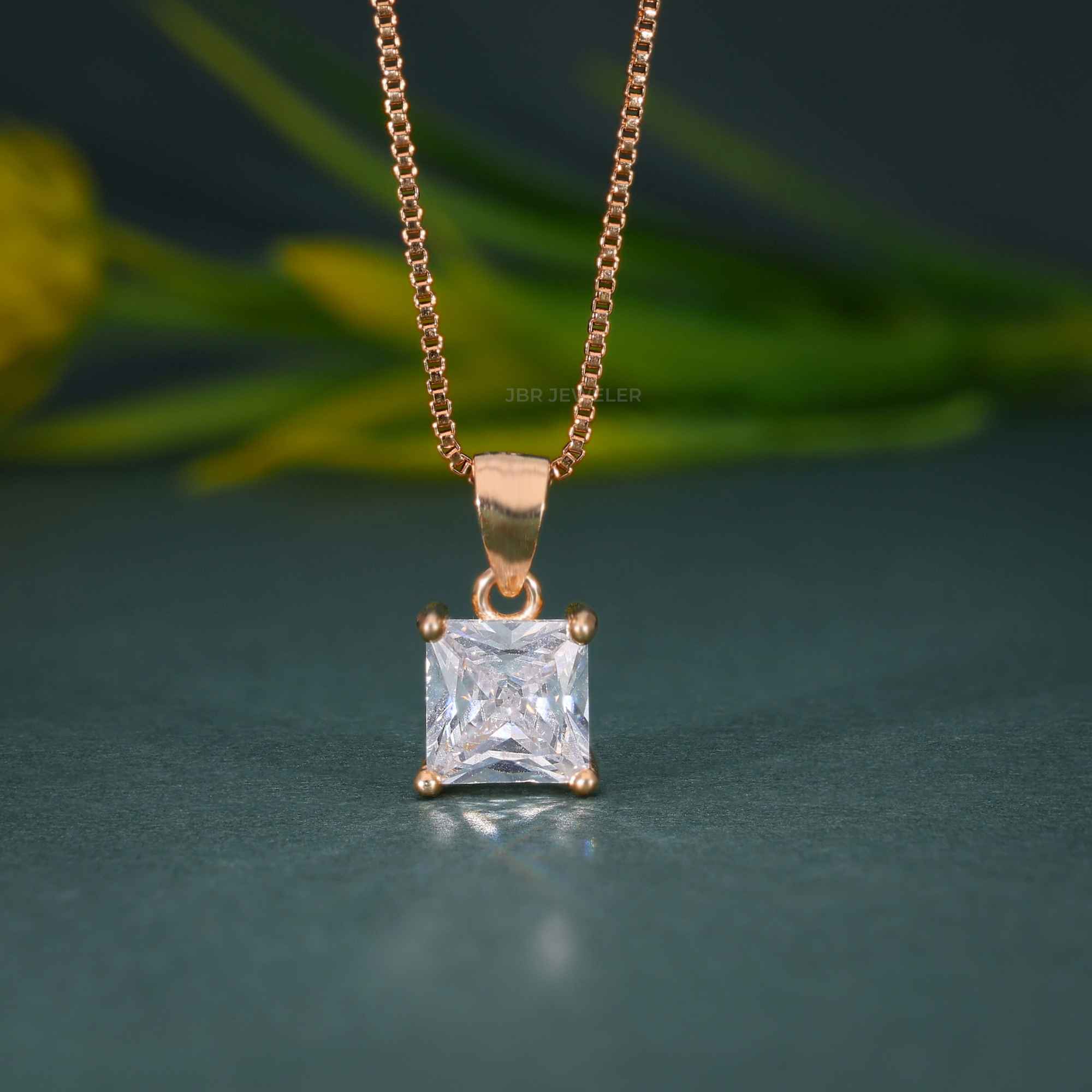 14k gold princess lab grown diamond pendant necklace, top angle view showing fine craftsmanship