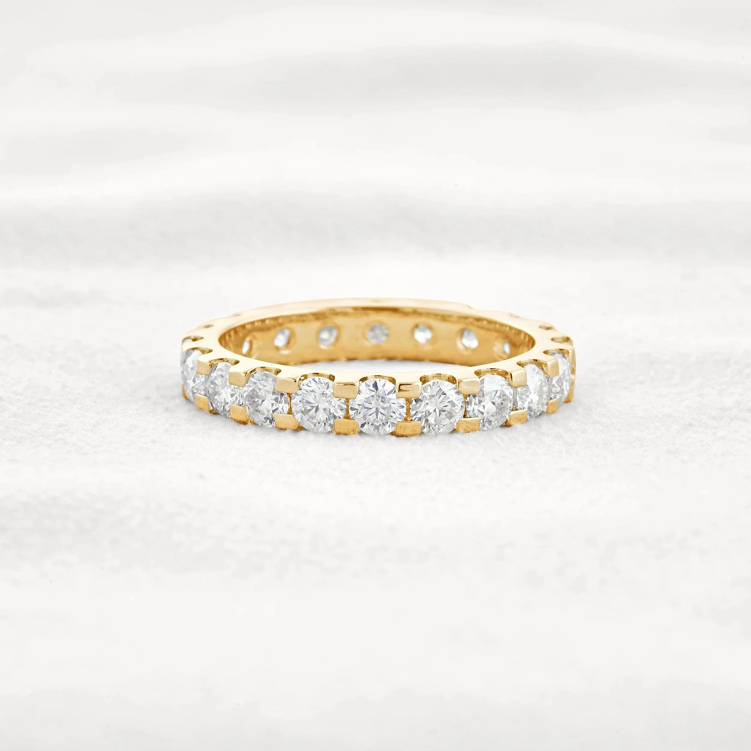 14k gold round lab grown diamond eternity band, styled on model showing fine craftsmanship with brilliant sparkle