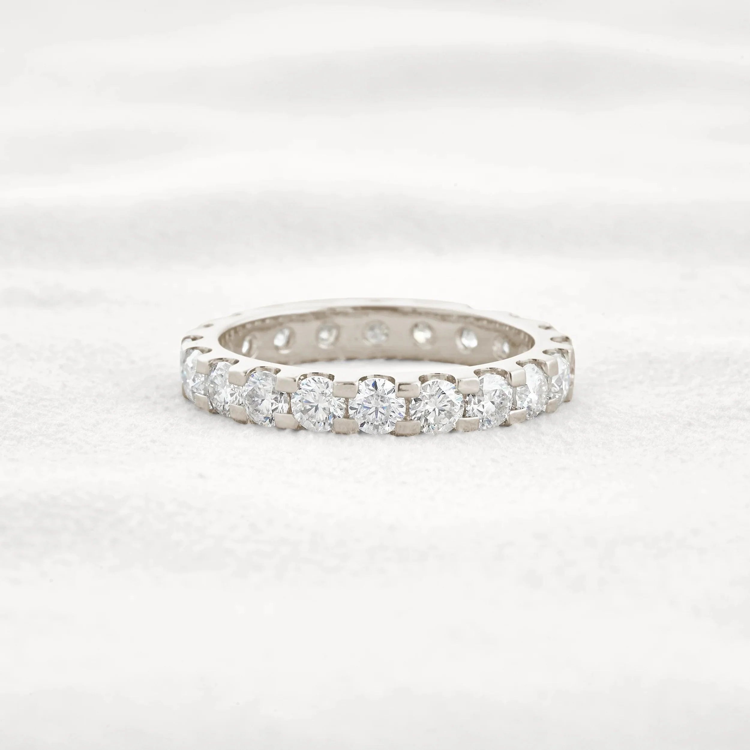 14k gold round lab grown diamond eternity band, sparkle detail shot showing fine craftsmanship with brilliant sparkle