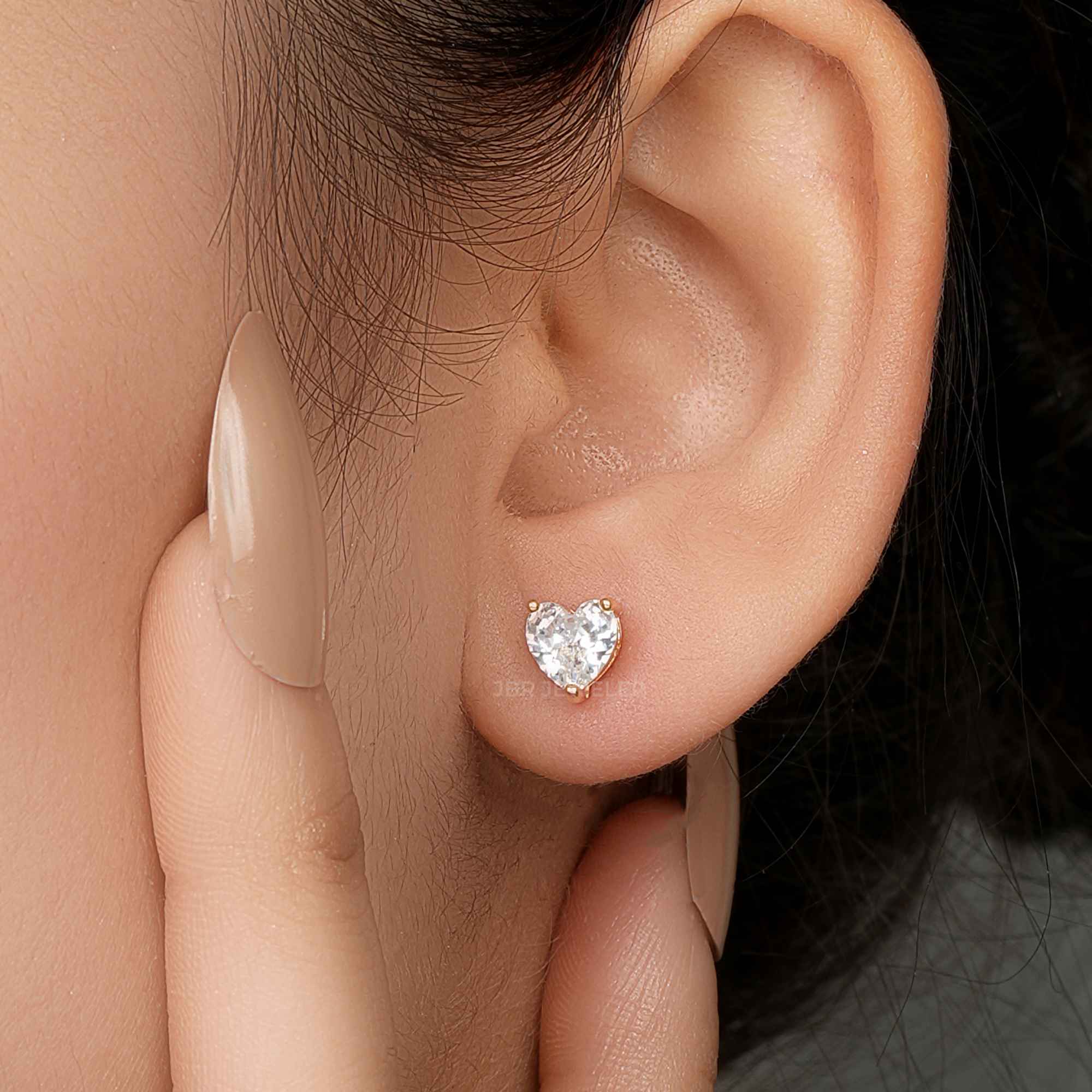 14k yellow gold heart screw back lab grown diamond stud earrings, detailed close-up showing fine craftsmanship
