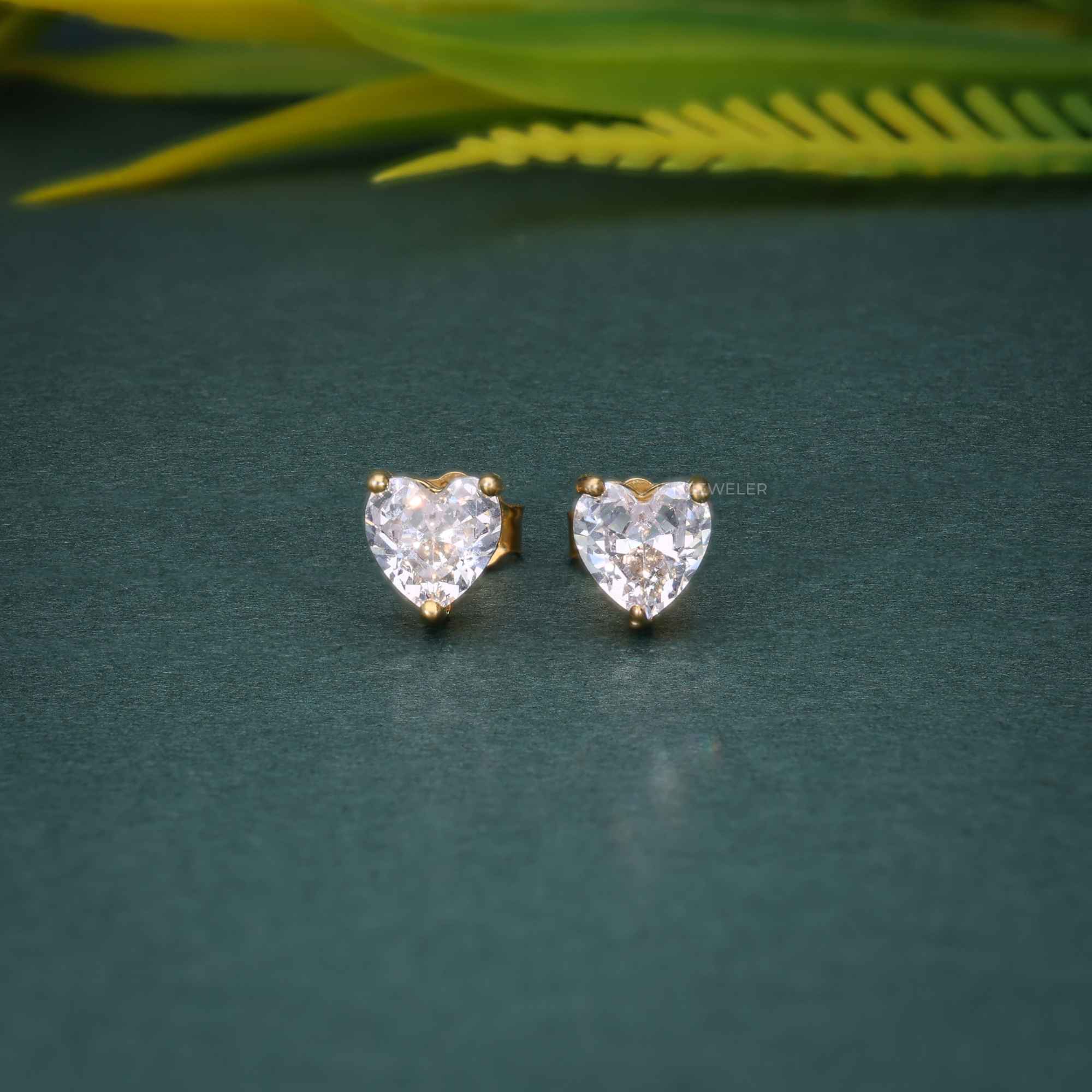 14k yellow gold heart screw back lab grown diamond stud earrings, side profile view showing fine craftsmanship