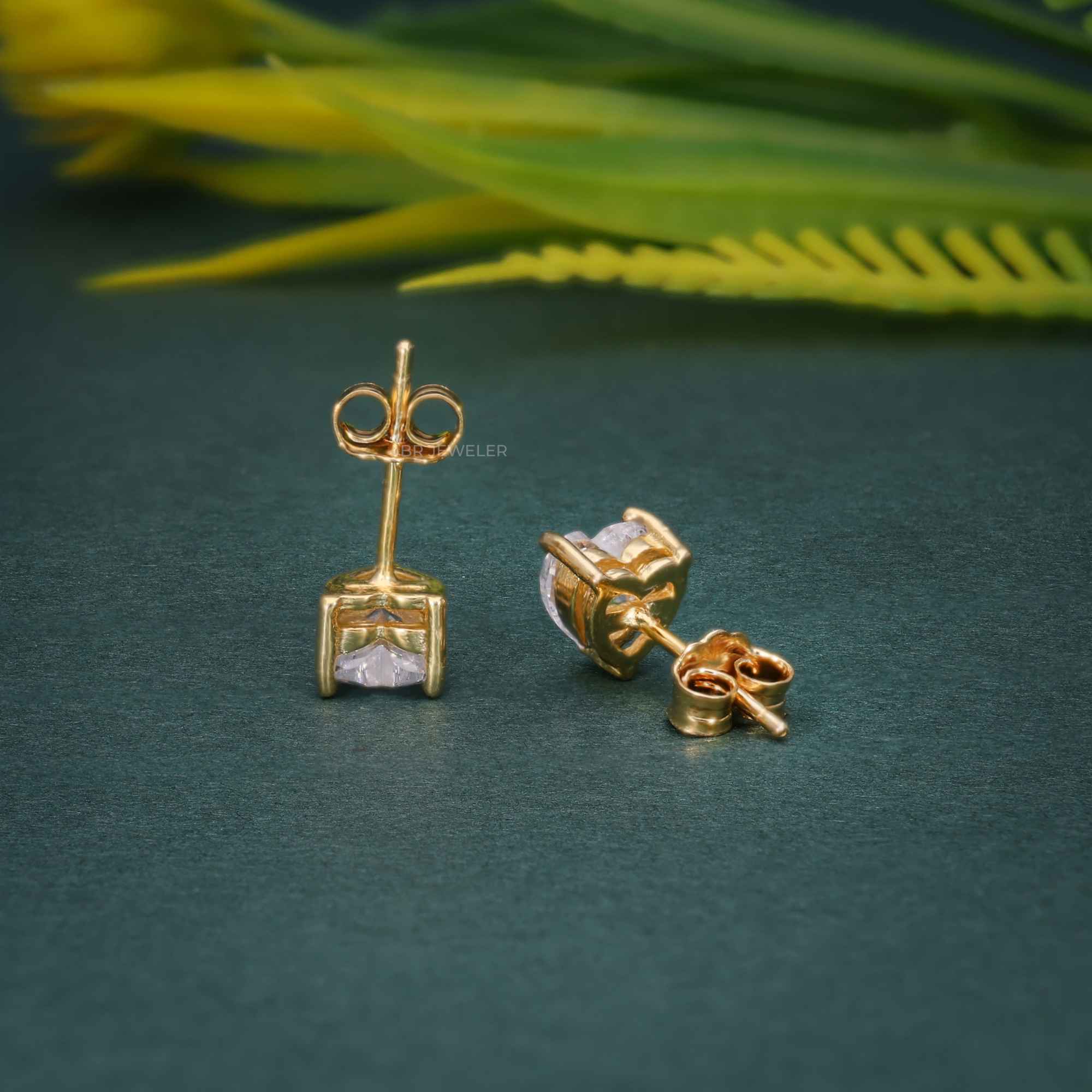 14k yellow gold heart screw back lab grown diamond stud earrings, lifestyle shot showing fine craftsmanship