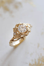 14k gold nature-inspired lab grown diamond engagement ring, front view showing fine craftsmanship