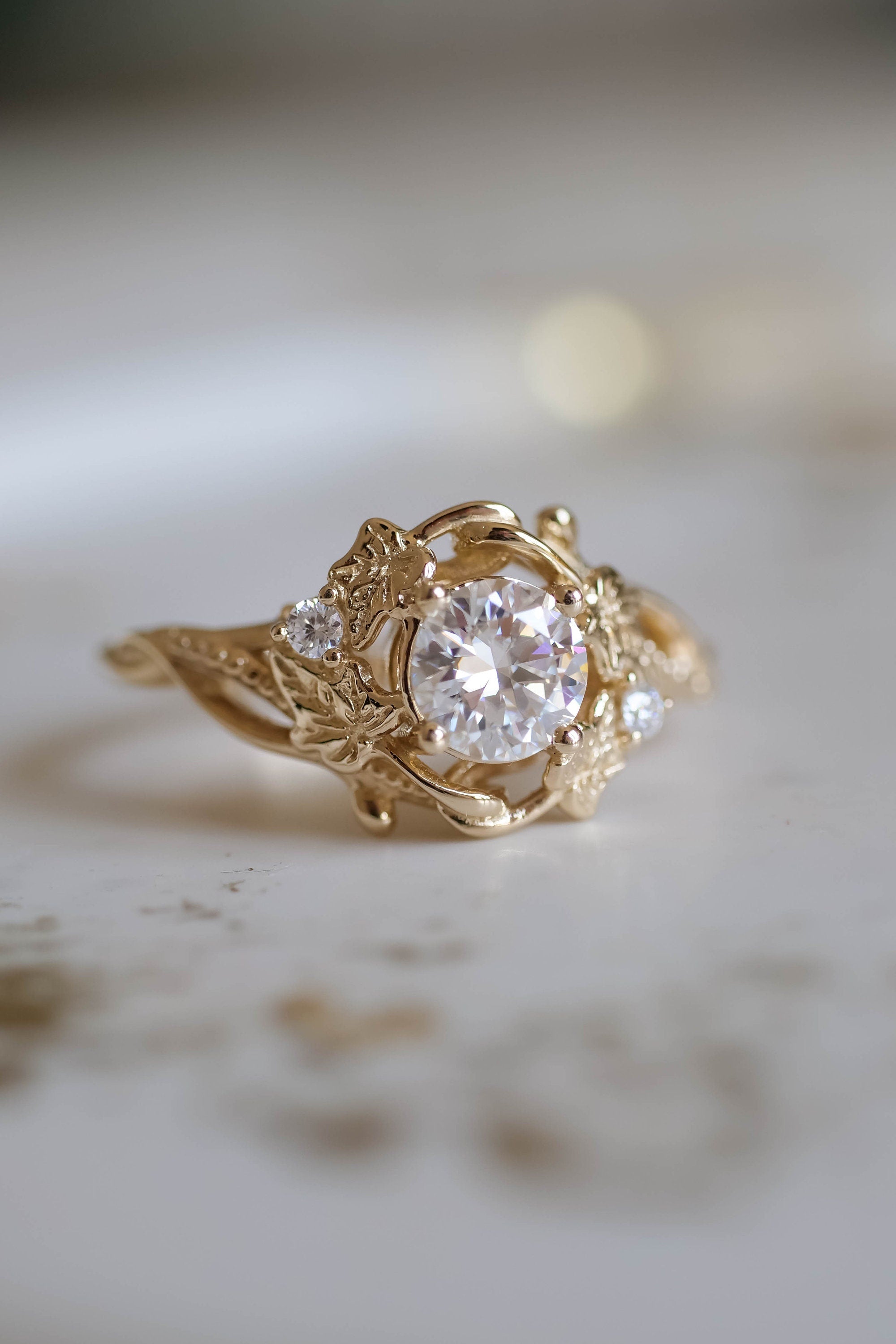 14k gold nature-inspired lab grown diamond engagement ring, detailed close-up showing fine craftsmanship