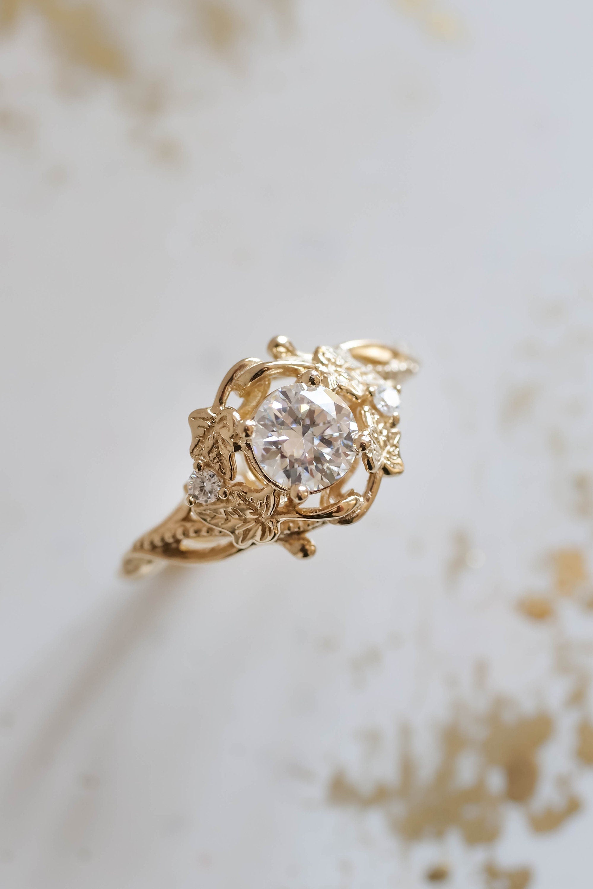14k gold nature-inspired lab grown diamond engagement ring, side profile view showing fine craftsmanship