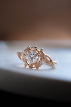 14k gold nature-inspired lab grown diamond engagement ring, styled on model showing fine craftsmanship