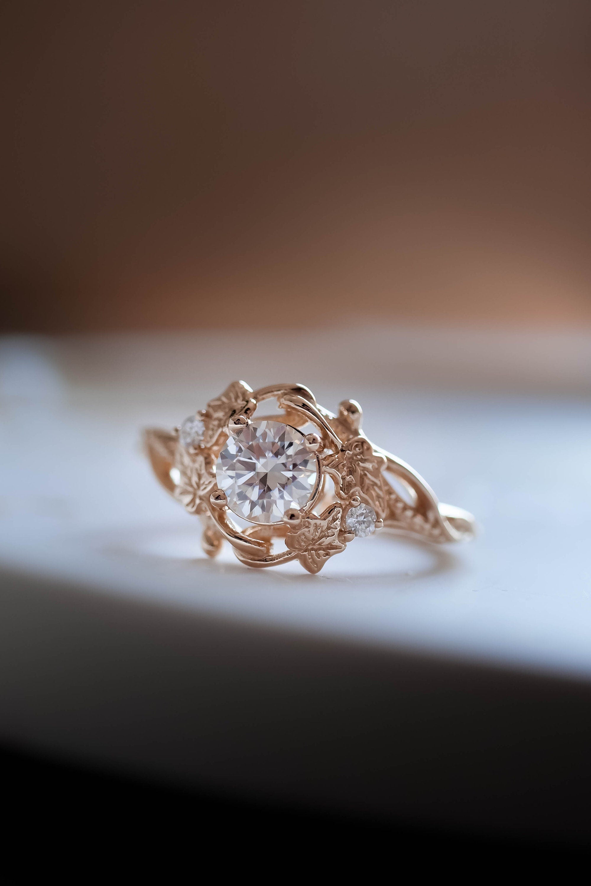 14k gold nature-inspired lab grown diamond engagement ring, styled on model showing fine craftsmanship