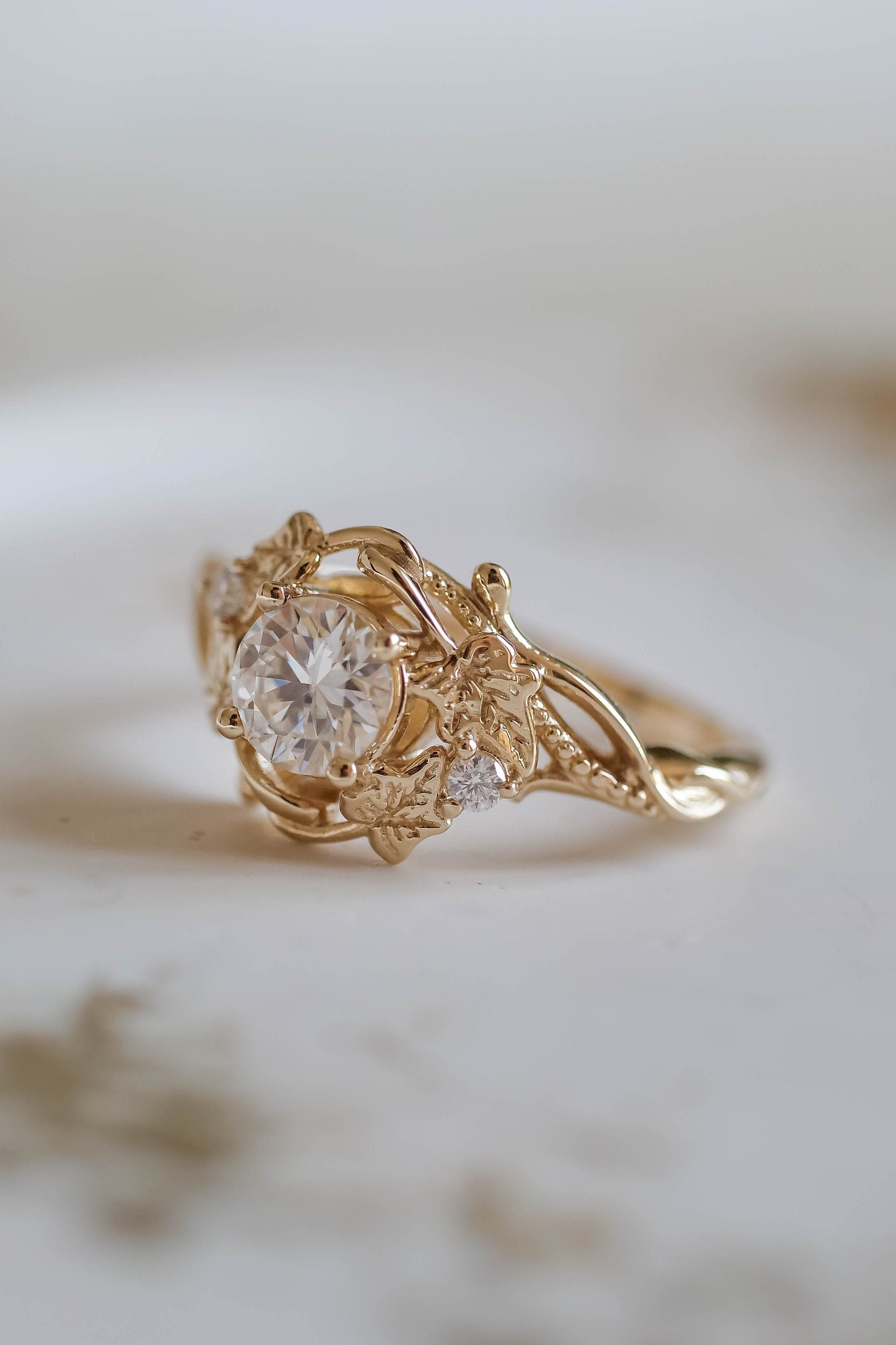 14k gold nature-inspired lab grown diamond engagement ring, top angle view showing fine craftsmanship