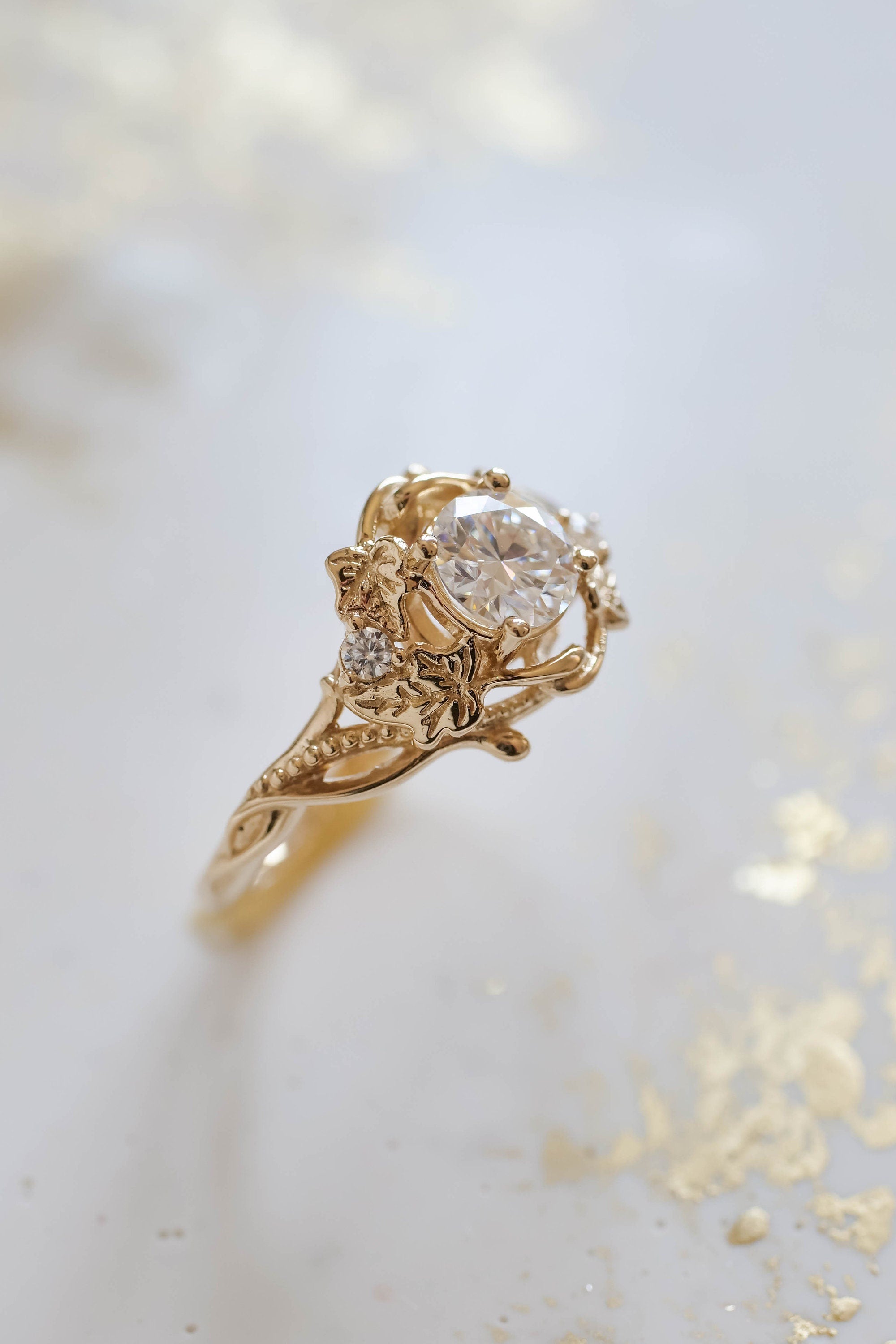 14k gold nature-inspired lab grown diamond engagement ring, three-quarter view showing fine craftsmanship