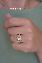 14k gold nature-inspired lab grown diamond engagement ring, lifestyle shot showing fine craftsmanship
