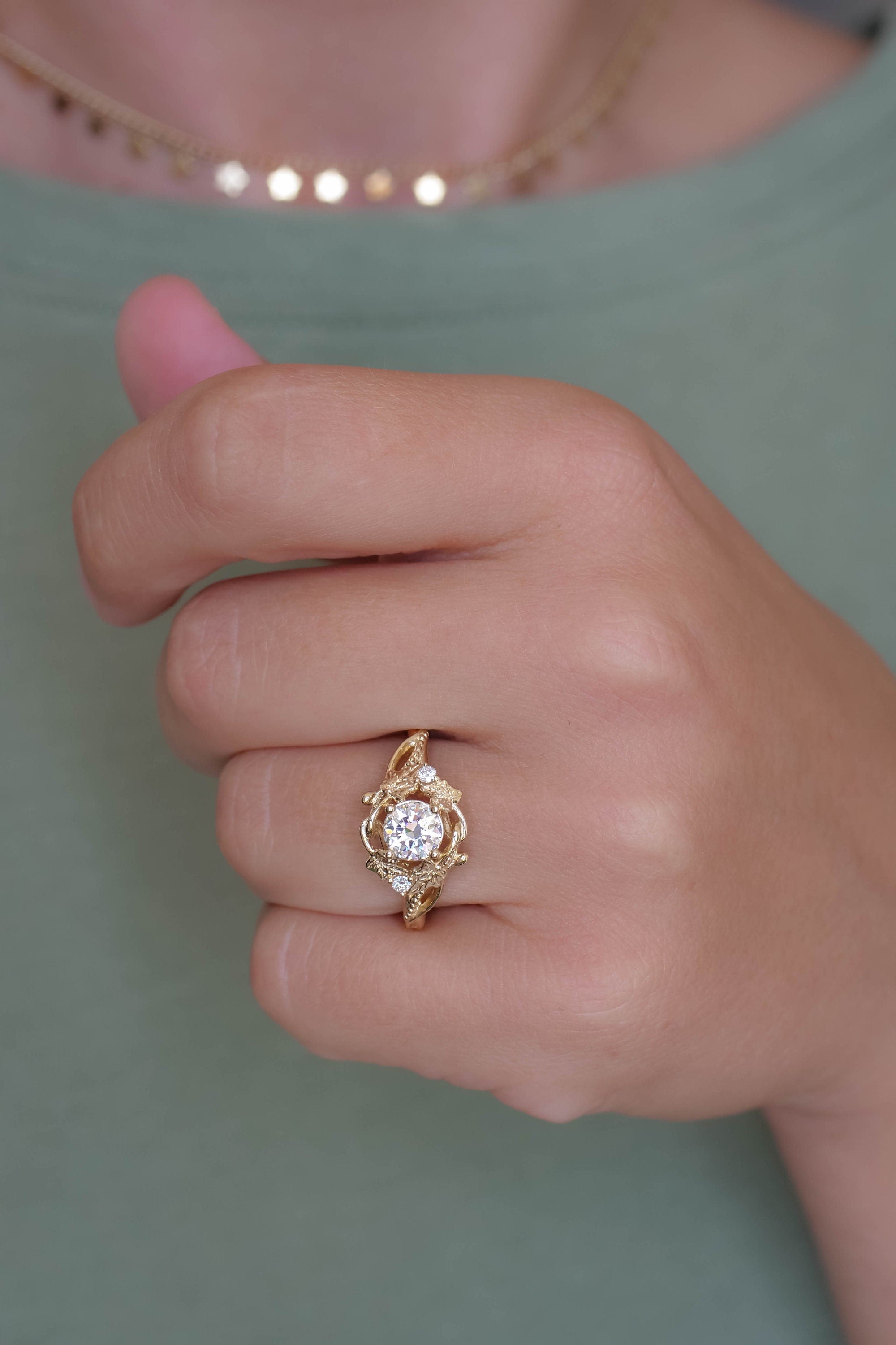 14k gold nature-inspired lab grown diamond engagement ring, lifestyle shot showing fine craftsmanship