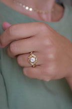 14k gold nature-inspired lab grown diamond engagement ring, macro detail view showing fine craftsmanship
