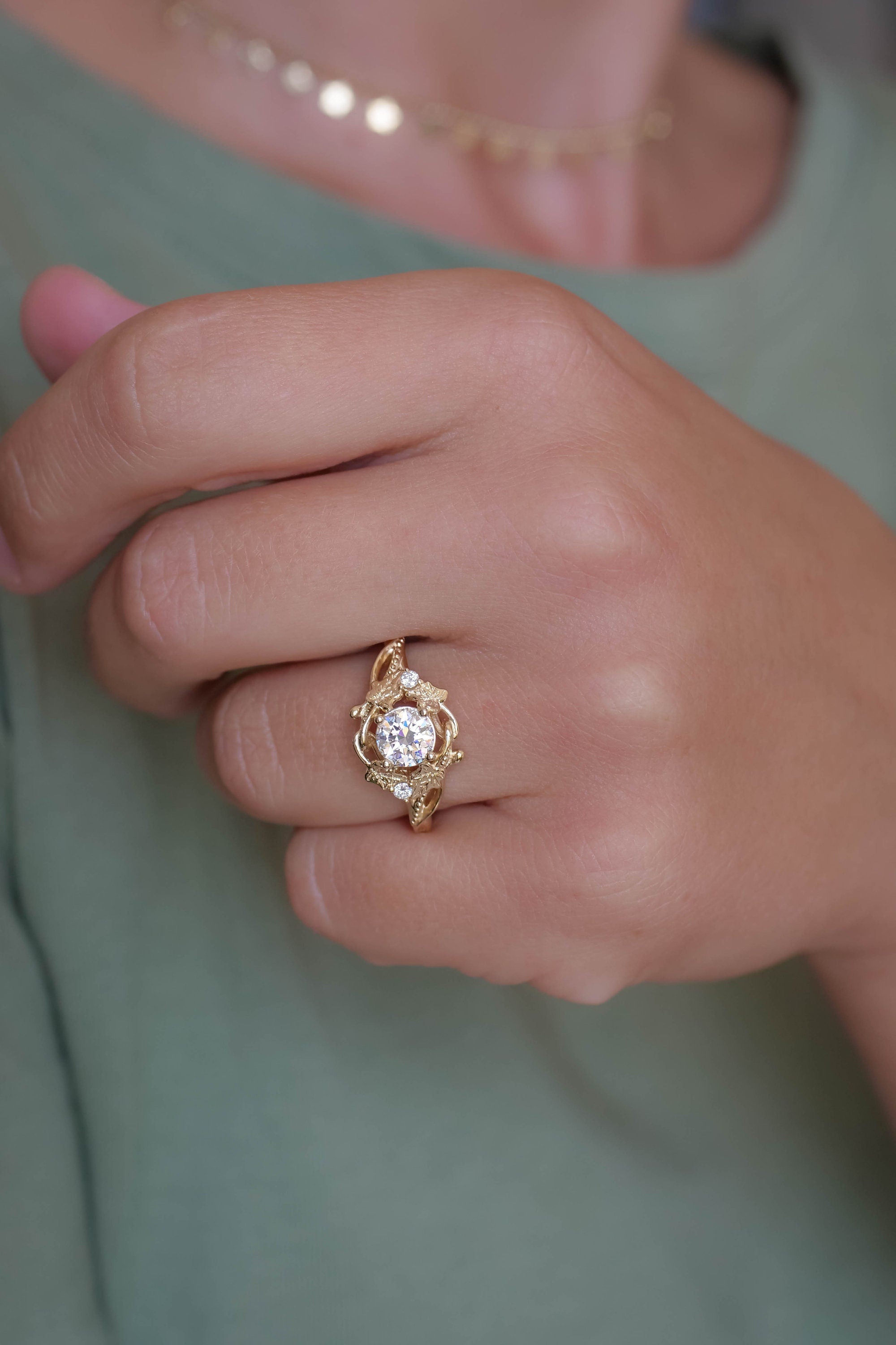 14k gold nature-inspired lab grown diamond engagement ring, macro detail view showing fine craftsmanship