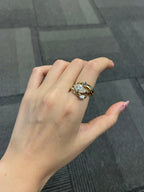 14k gold marquise three-stone lab grown diamond engagement ring, top angle view showing fine craftsmanship
