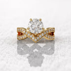 14k yellow gold round pave-set lab grown diamond engagement ring, front view showing fine craftsmanship