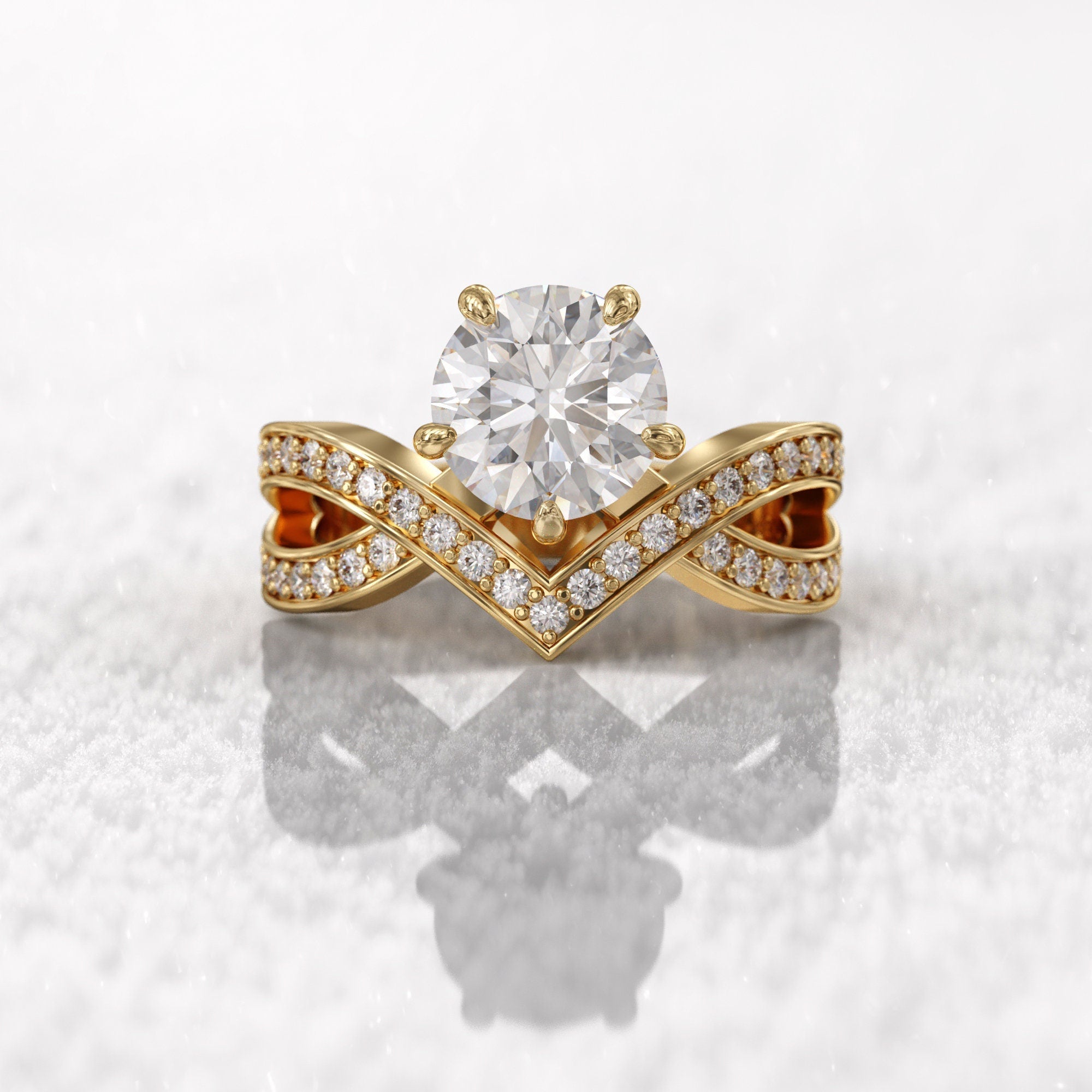 14k yellow gold round pave-set lab grown diamond engagement ring, front view showing fine craftsmanship